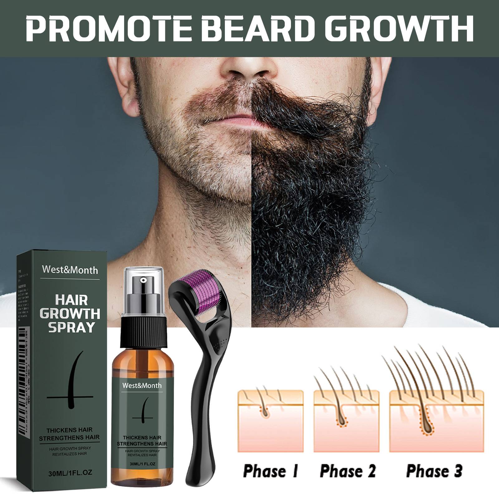 30ml Men Beard Growth Roller Set Beard Growth Kit Men's Beard Growth Essence Nourishing Enhancer Beard Oil Spray Beard Care
