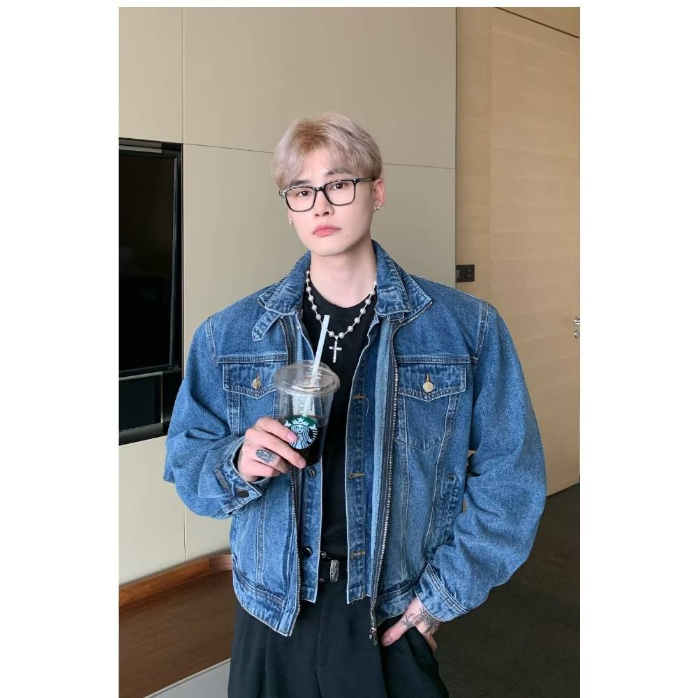 Men's Clothing Men's Denim Jacket With Stand Collar, Casual Loose Fit Vintage Coat, Trendy Streetwear Blue Distressed Jeans Jacket For Men