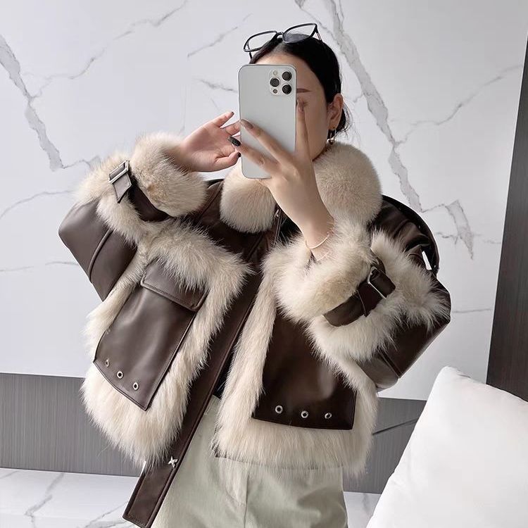 Women's Fox Fur Patchwork Fur Motorcycle Vintage Loose Jacket