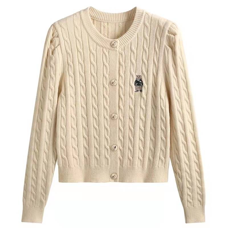 Women's Twist Solid Color Knitted Cardigan New Bear Embroidered Round Neck Sweater Women's Autumn and Winter Short Jacket Fashion Top