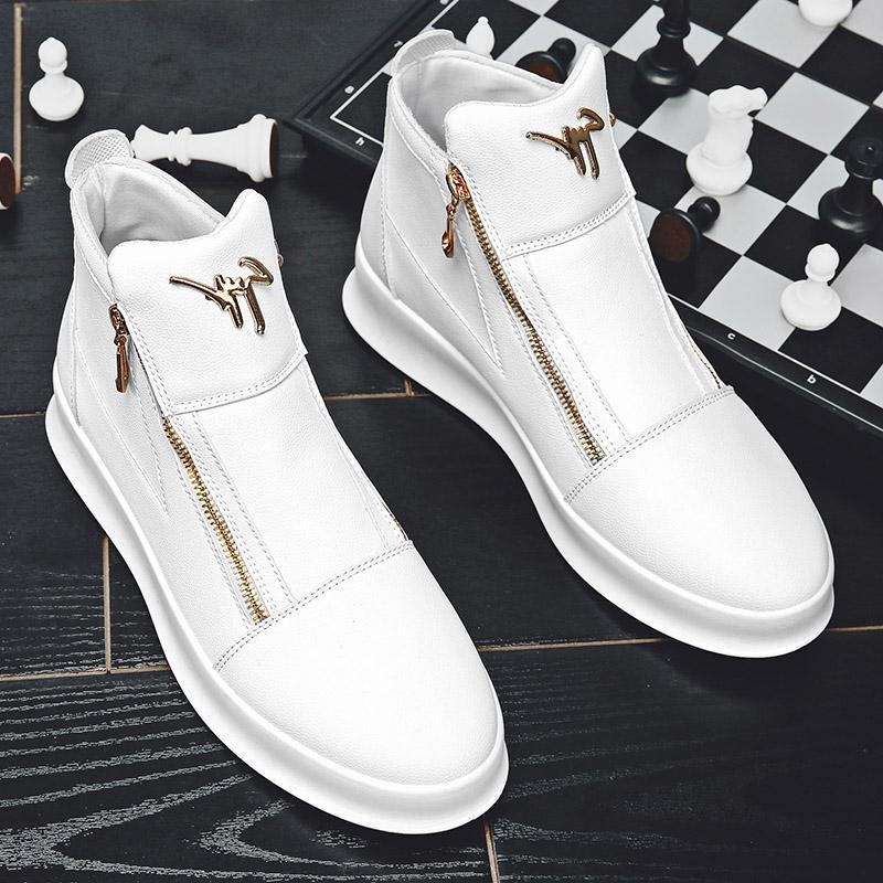 Trendy men's shoes summer 2023 new leather breathable high-top shoes thick-soled white casual shoes men's high-top sneakers