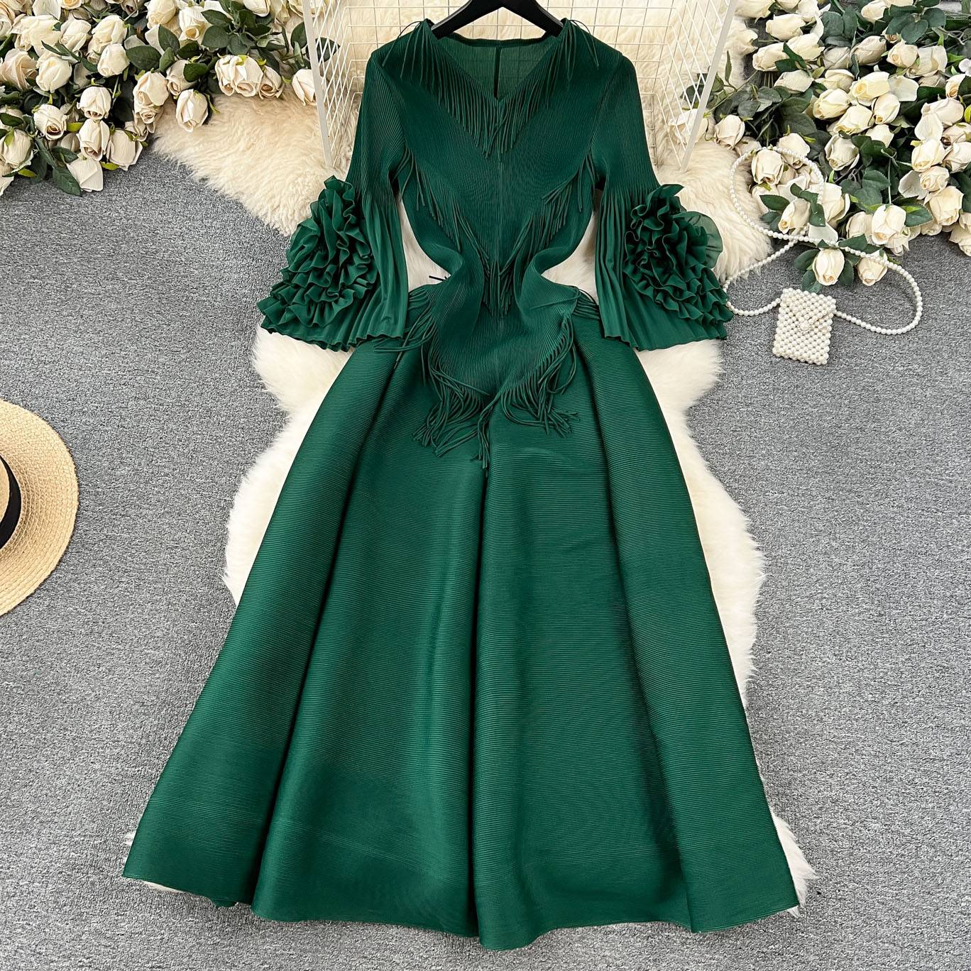Women's Clothing Design Tassel V Neck Slim Long Heavy Duty Pleated Trumpet Sleeve Dress