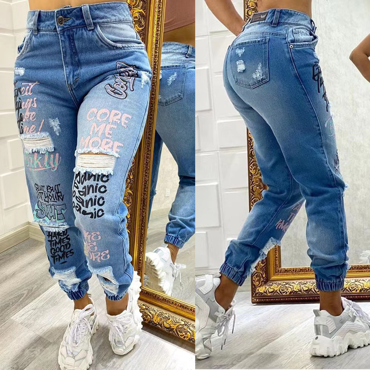 Women's Clothing New Fashion Letters Cut off Ma Liu Small leg Jeans Independent Station International Station Ready made