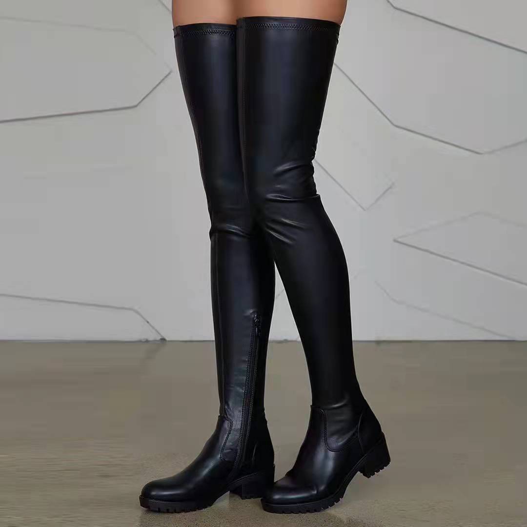 Plus-size over knee boots women's elastic leather winter high heels thigh-high boots with thick heels