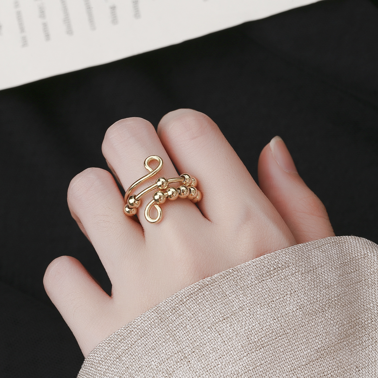 Gold plated stress relief and anti anxiety copper bead rotating ring open bead ring