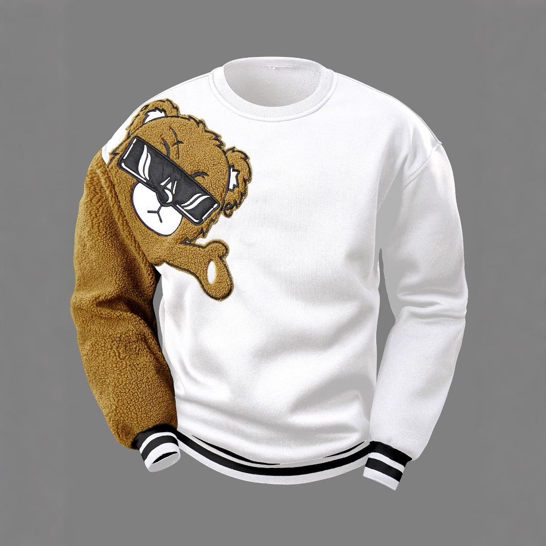 Men's Clothing Spring And Autumn Fashion Round Neck Bear Embroidered Sweater Plus Velvet Large Stock