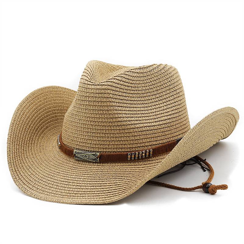Classic Ethnic Style Belt Cowboy Straw Hat for Women and Men Summer Sunshade Hat with Curled Eaves Western Cowboy Straw Hat Sun Hat