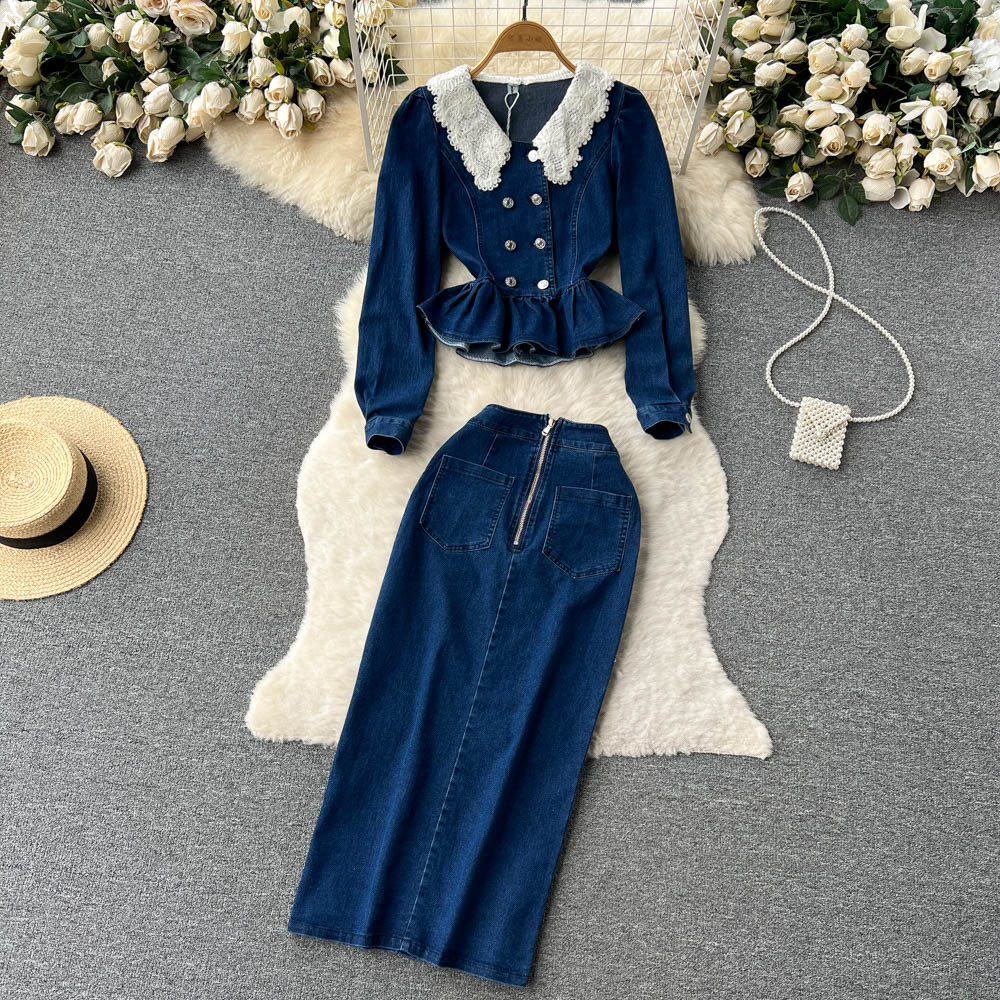Women's Lace Doll Collar Denim Jacket + Medium-length Hip Skirt Two
