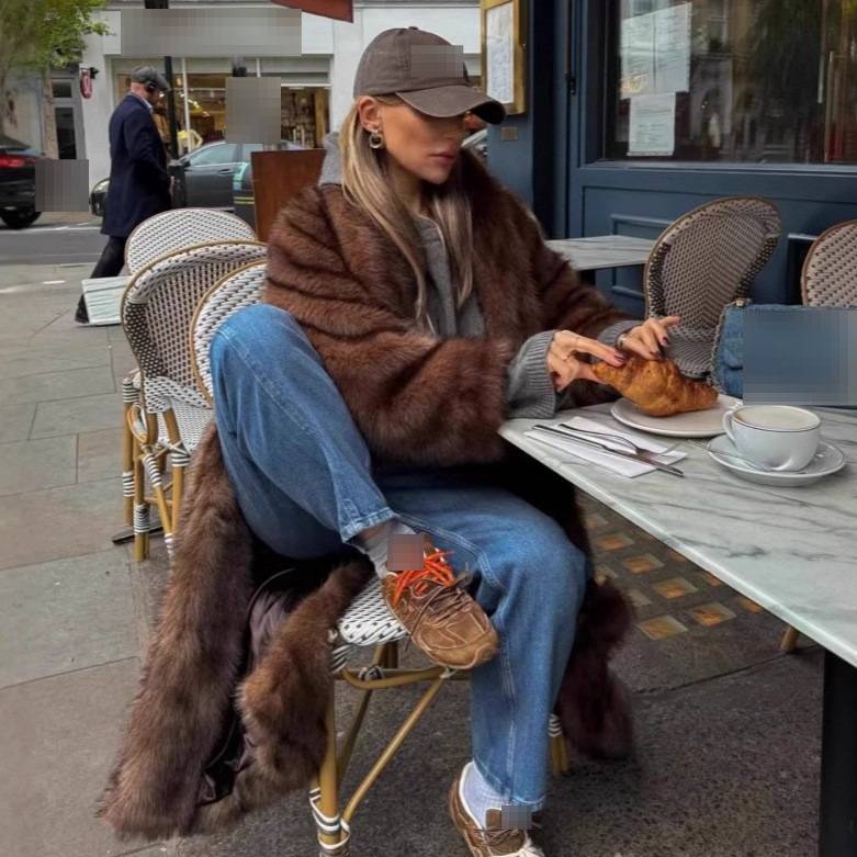 ​​Luxury Faux Fur Coat Women's Long Plush Fox Fur Jacket Oversized Casual Winter Coat With Pockets​​ Women's Casual Lengthened Fox Fur Coat Loose