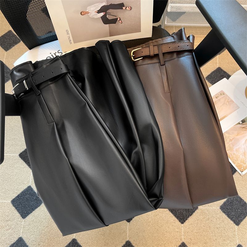 Women's Clothing High Grade Temperament Pu Leather Skirt Autumn And Winter Old Money Style High Waist Slim A Line Skirt Design Sense Mid Length Skirt