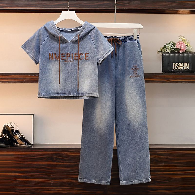 Summer Fashion Denim Two Piece Suit Elastic Trousers Hooded Jacket Women Wide Leg Stylish Loose Slim Two Piece Set