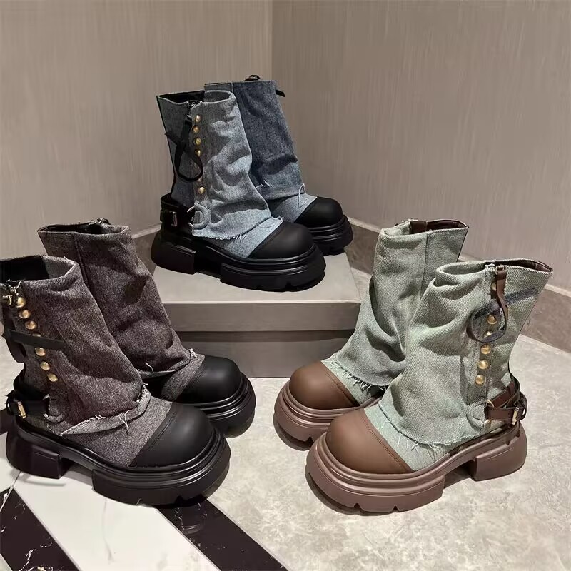 p9/Martin boots for women, denim short boots, rivets, hot girl style two-piece boots, thick soles, heightening boots for small people, women