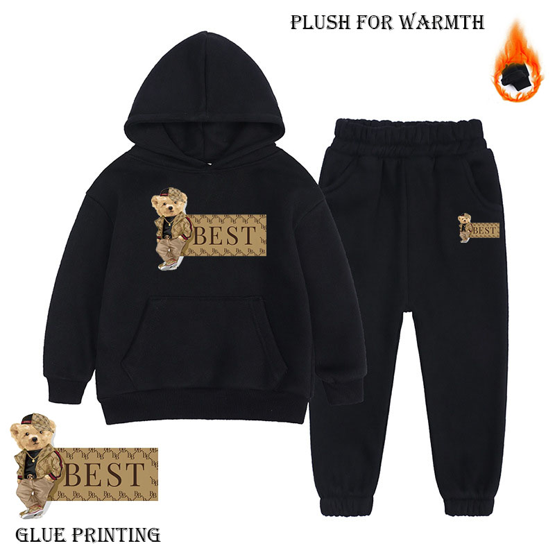 Kids' Teddy Bear Print Fleece Set - Hooded Zip-Up Jacket & Joggers, Cozy Streetwear Outfit