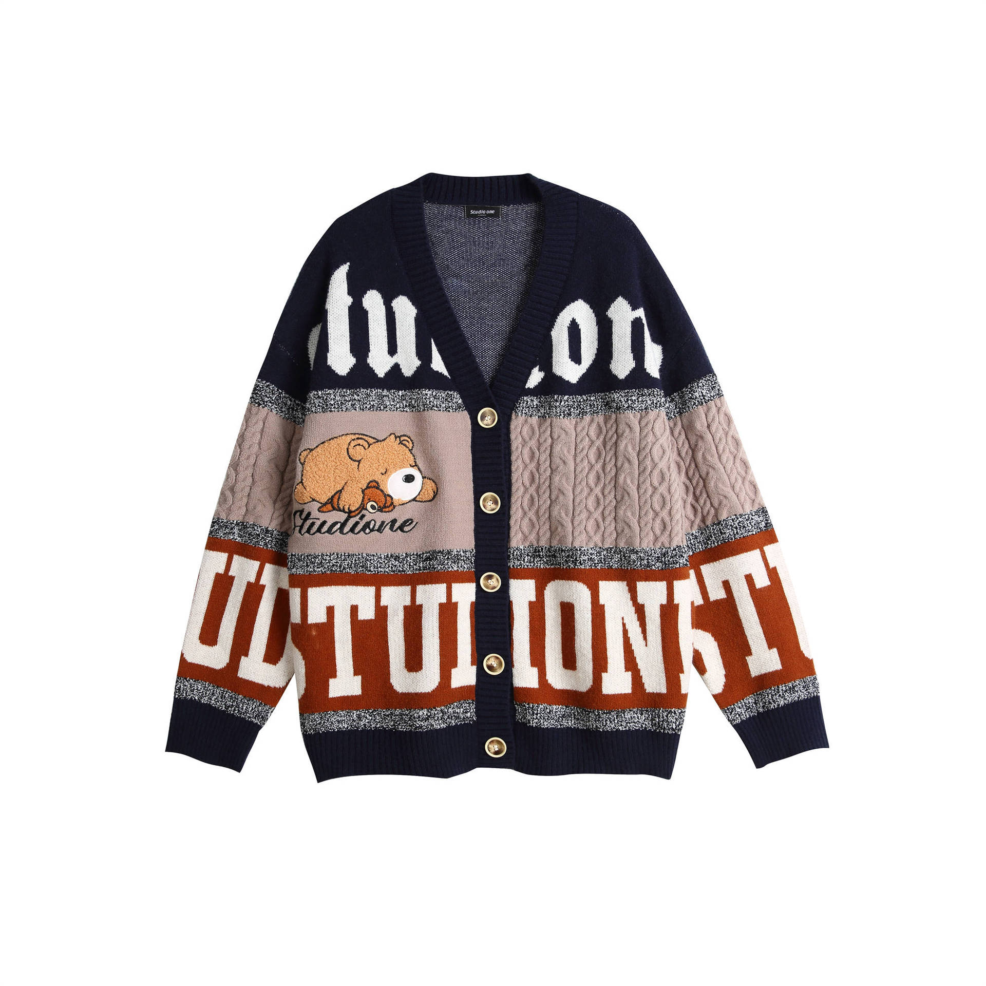 Men's Clothing trendy casual bear jacquard knitted cardigan jacket original color matching V neck sweater