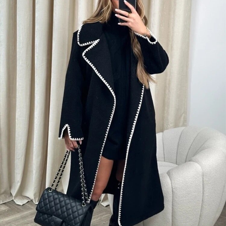 Women's Clothing Double Sided Woolen Long Sleeve Braided Women's Double-Faced Wool Blend Long Sleeve Notched Collar Long Coat Loose Trench Jacket