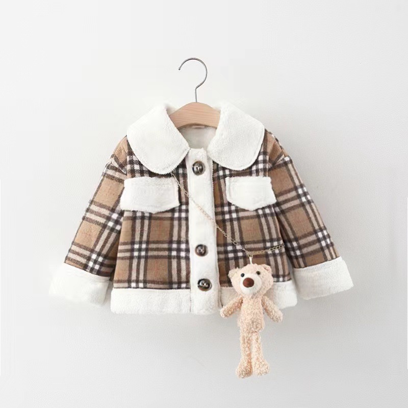 2021 new winter girls plaid stitching plus velvet thickened lapel jacket comes with bear pendant 1285