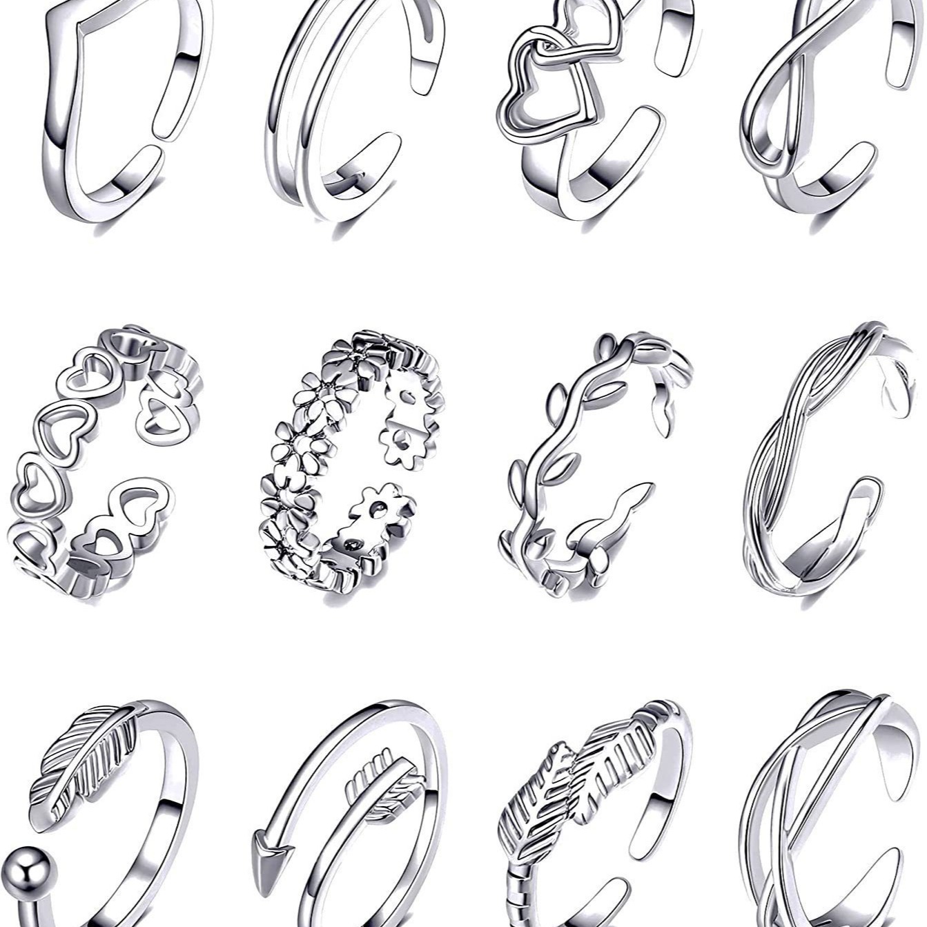 European and American Cross-border Toe Ring Ring 12-piece Set Adjustable Flower Arrow Double-layer Hollow Various Toe Ring Jewelry