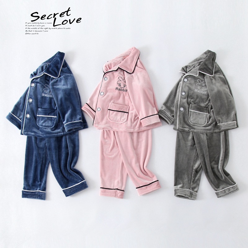 Children's Double-faced Island Velvet Pajamas Set Warm Elastic Coral Velvet Home Wear For Boys And Girls In Autumn And Winter