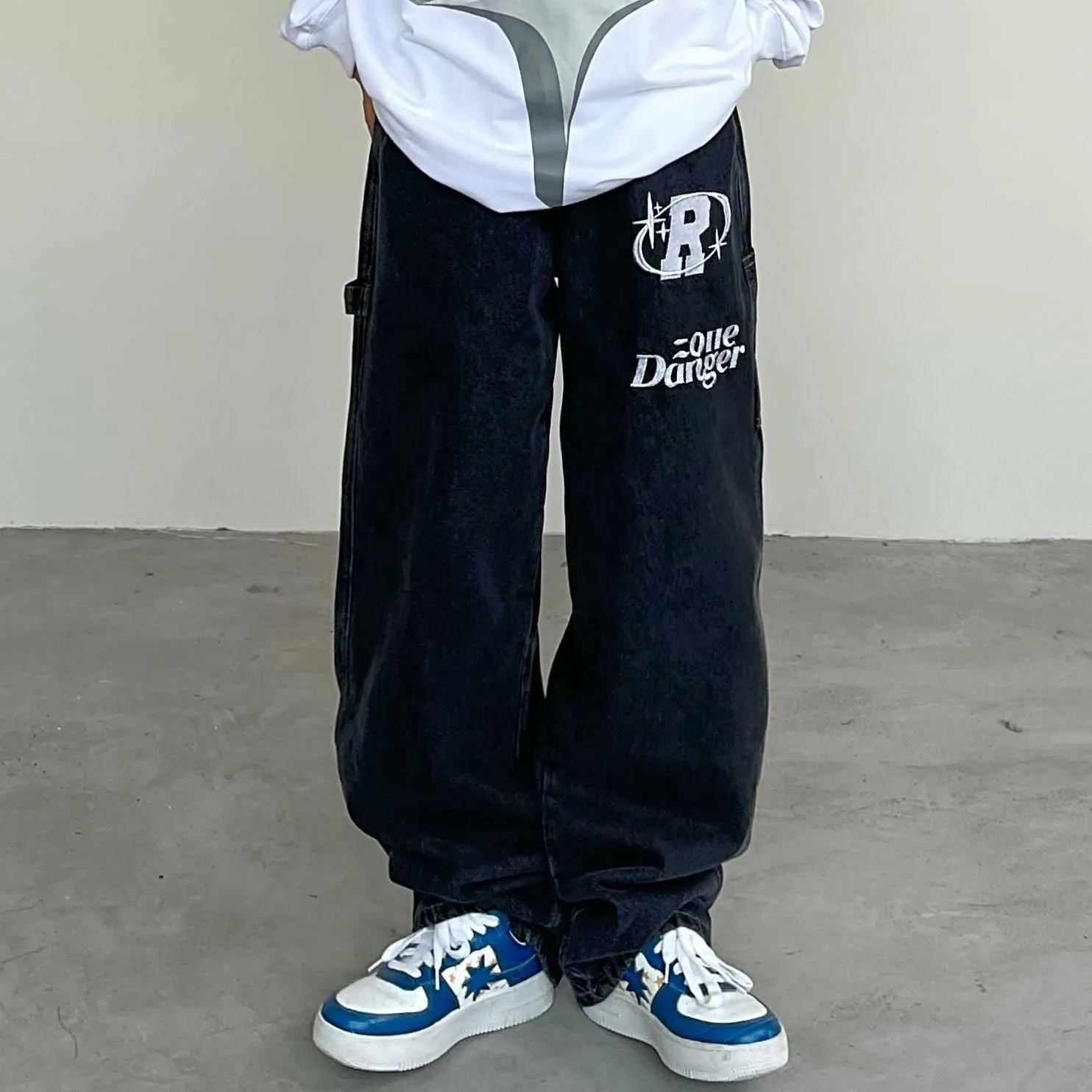 Men's Retro Letter Print Straight Loose Jeans For Men Wide Leg Pants Oversize Y2k Streetwear Casual Trousers Jean Baggy