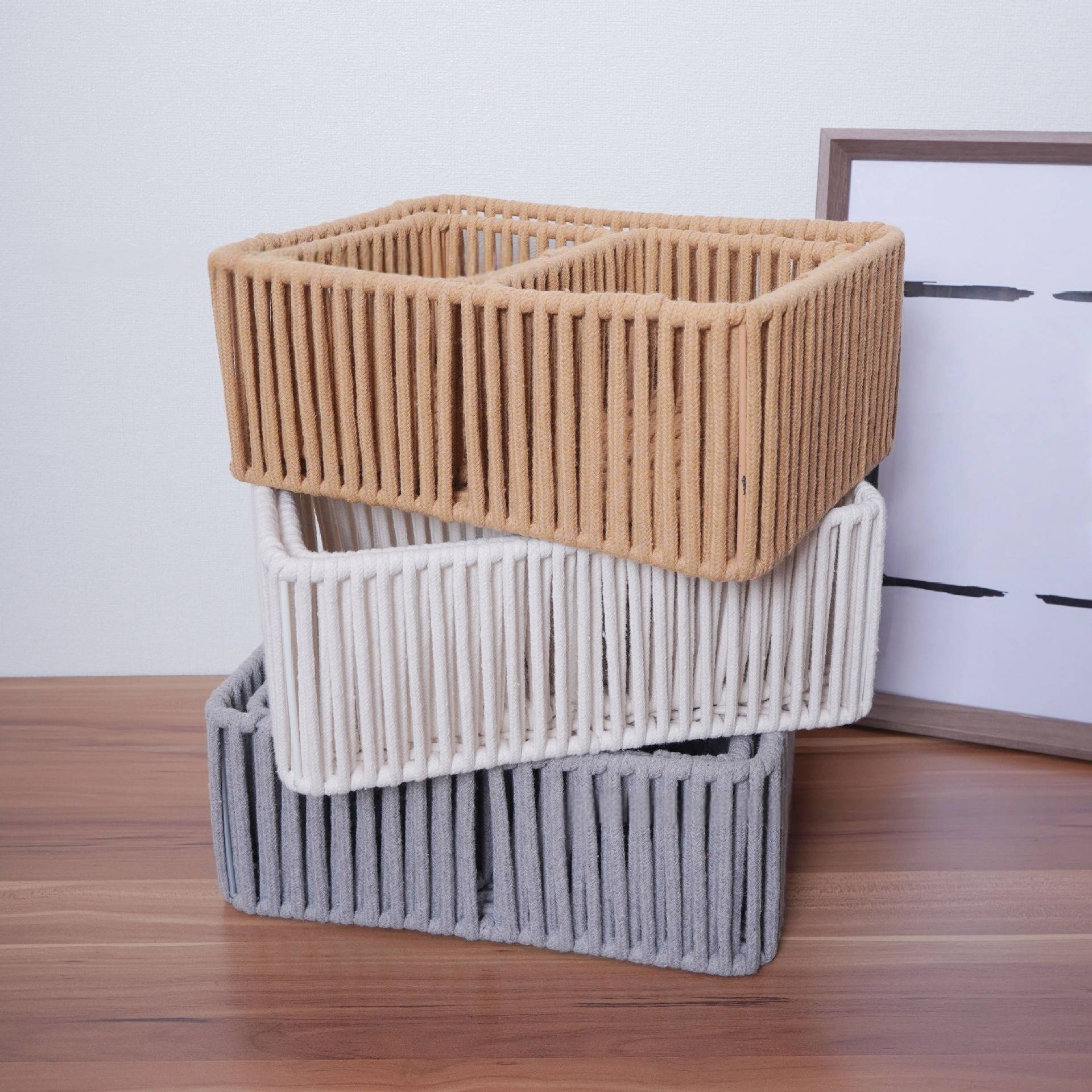 ​Handwoven Cotton Rope & Metal Frame Storage Basket - Japanese-Style Desktop Organizer For Snacks, Fruits & Home Essentials