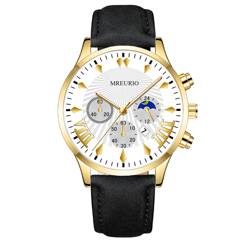 Men's Watch Men's Watch Fashion Watch Three-eye Six-pin Business Calendar Moon Quartz Watch Belt Men's