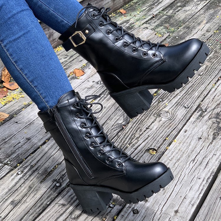 Women's Chunky Heel Martin Boots British Style Mid-Calf Boots With Side Zipper Slip-Resistant PU Leather Casual Winter Boots