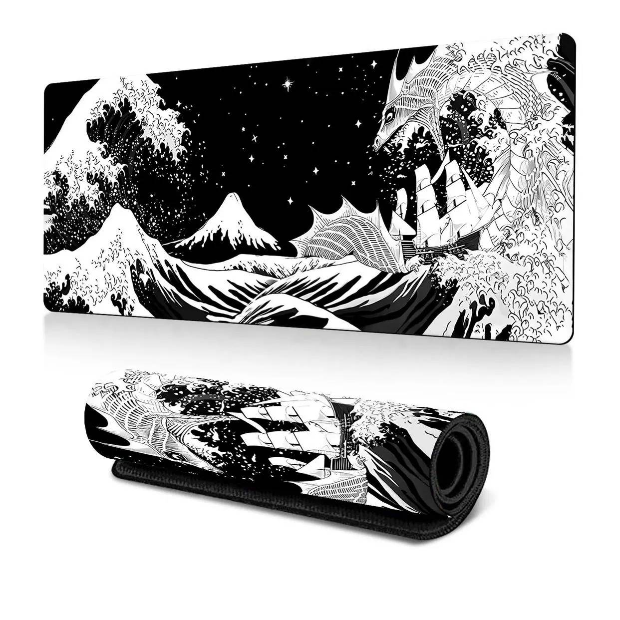 Black And White Waves Large Game Mouse Pad And Seam, Large Office Desk Pad, Esports Desk Pad, Mousepad Anti Slip31.49In*11.81In