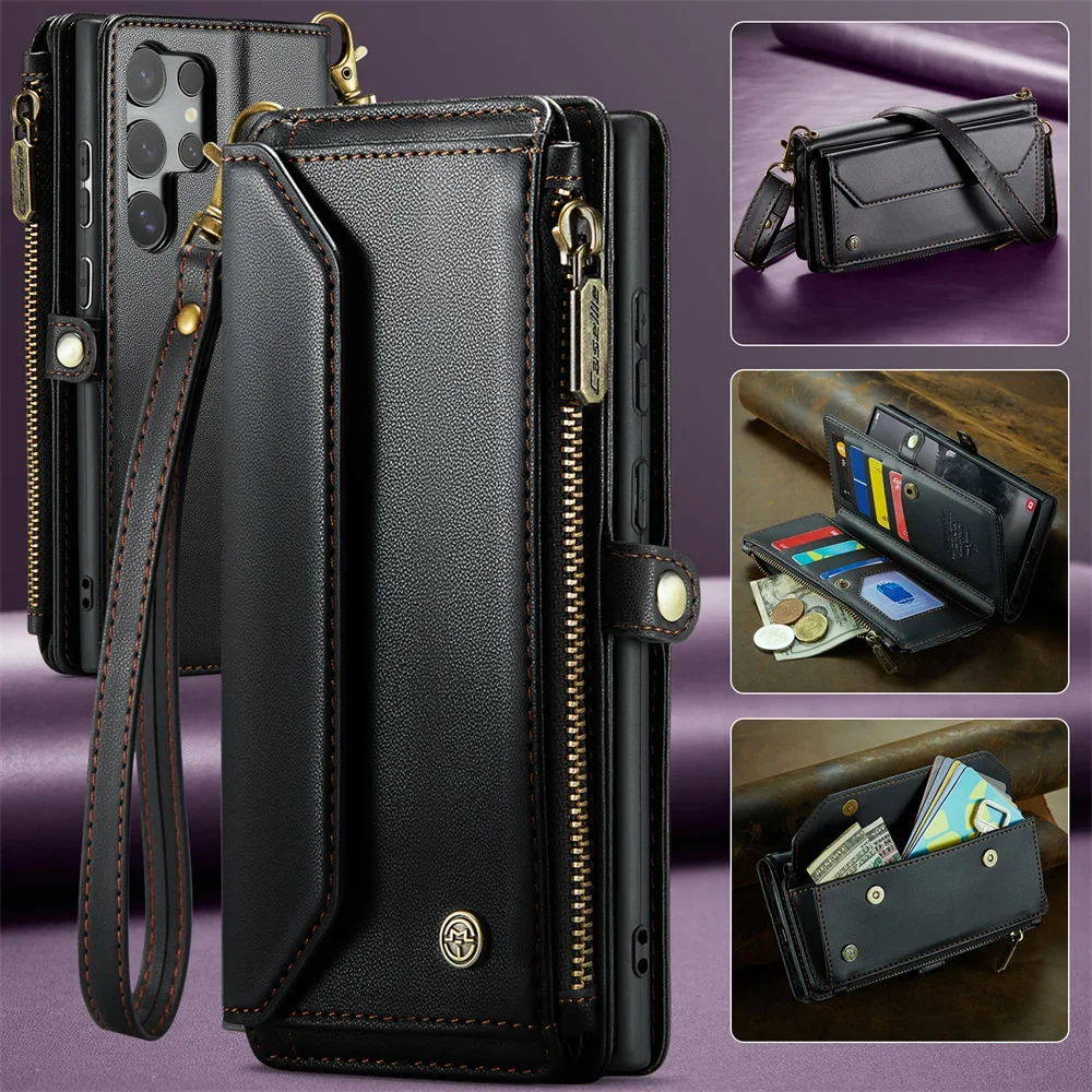 Case For Samsung Samsung S25 S24 S23 Ultra Plus FE A55 A35 A36 A56 5G PU Leather Strap Zipper Card Holder Phone Wallet Case
