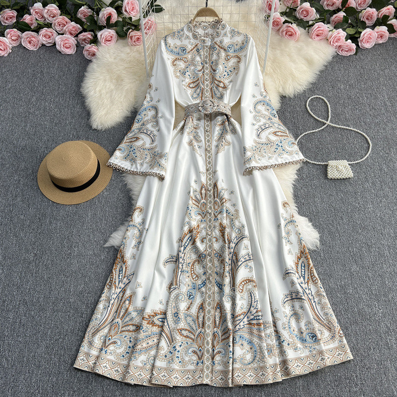 Women's Clothing Spring and autumn retro stand collar trumpet sleeve printed dress female ins palace style large swing knee length skirt