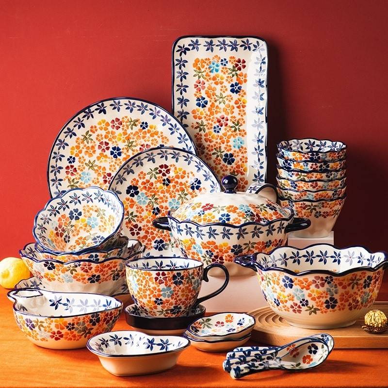 Keramik-Geschirrset – Handgefertigte Schüsseln und Teller aus Steingut, mikrowellengeeignet, Vintage-Bauernhausstil für Tee, Essen und als Geschenk