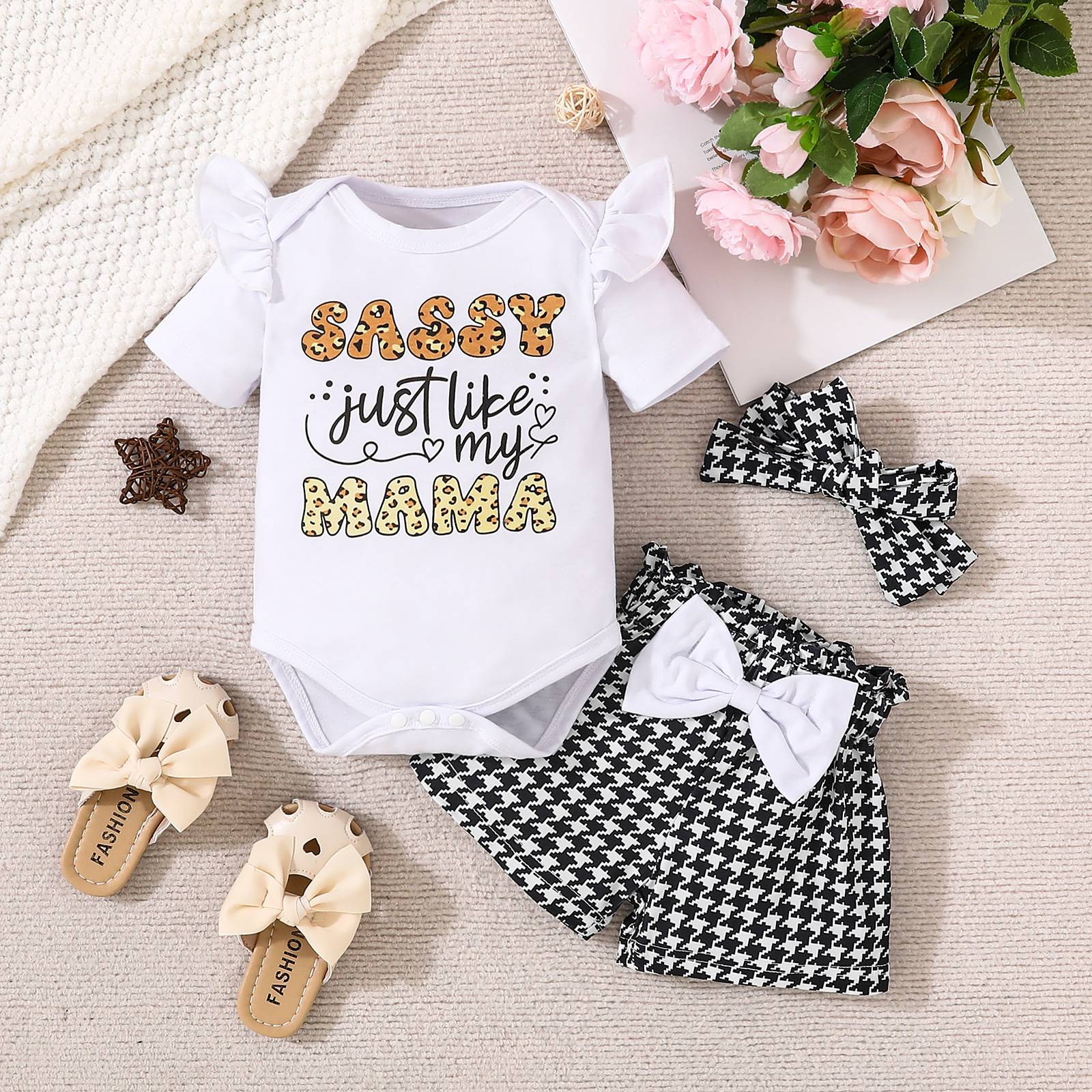 3pcs/set Babies' Clothes Baby Summer Short-sleeved Shorts Suit Baby Girl Giraffe Alphabet Triangle Romper Bow Zebra Print Shorts