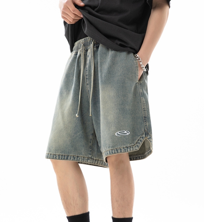 [UrbanStitch] Men's Embroidered Denim Shorts - Triangle Slit Design | Loose Fit Streetwear
