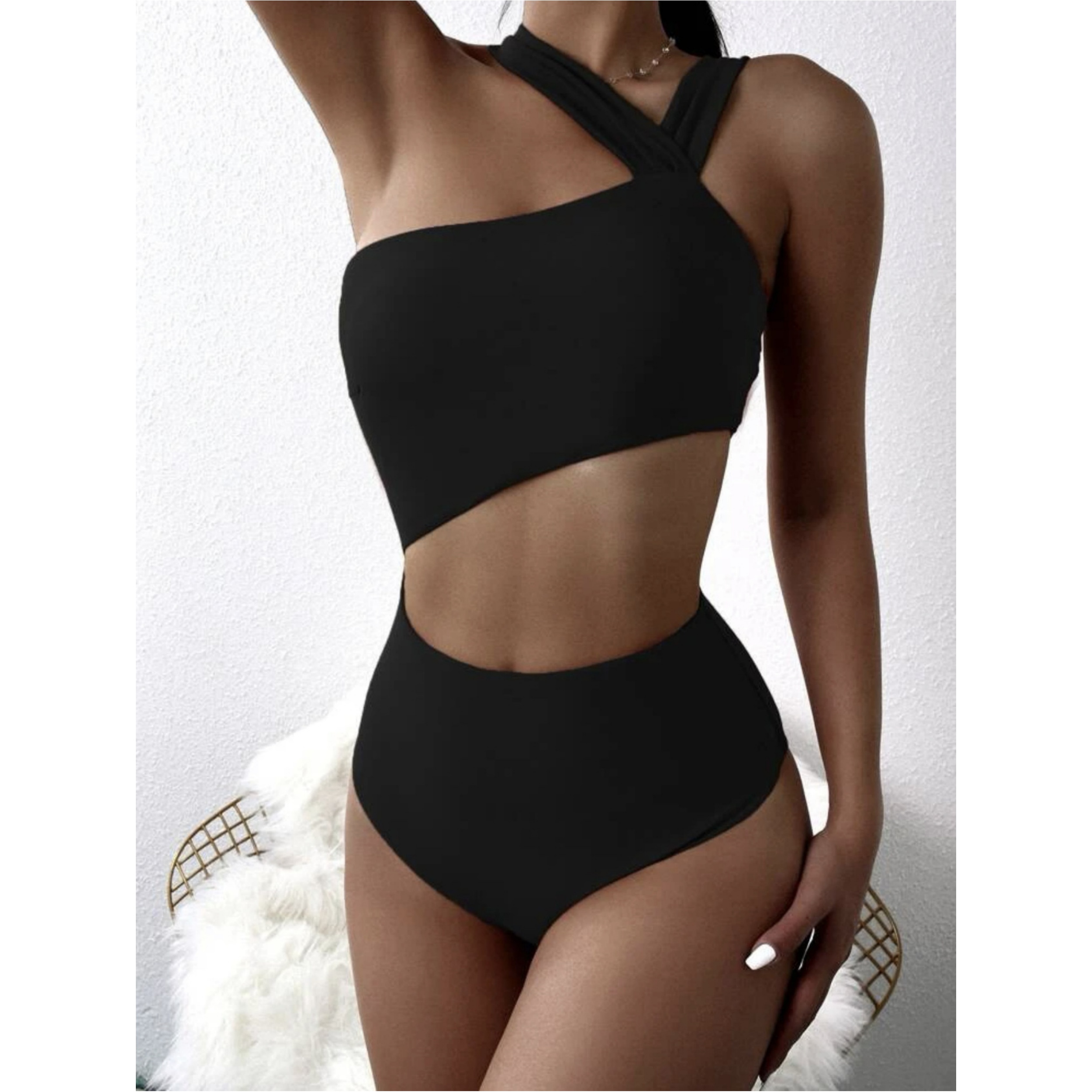 sexy one-shoulder tube top hollow solid color one-piece swimsuit swimsuit bikini bijini