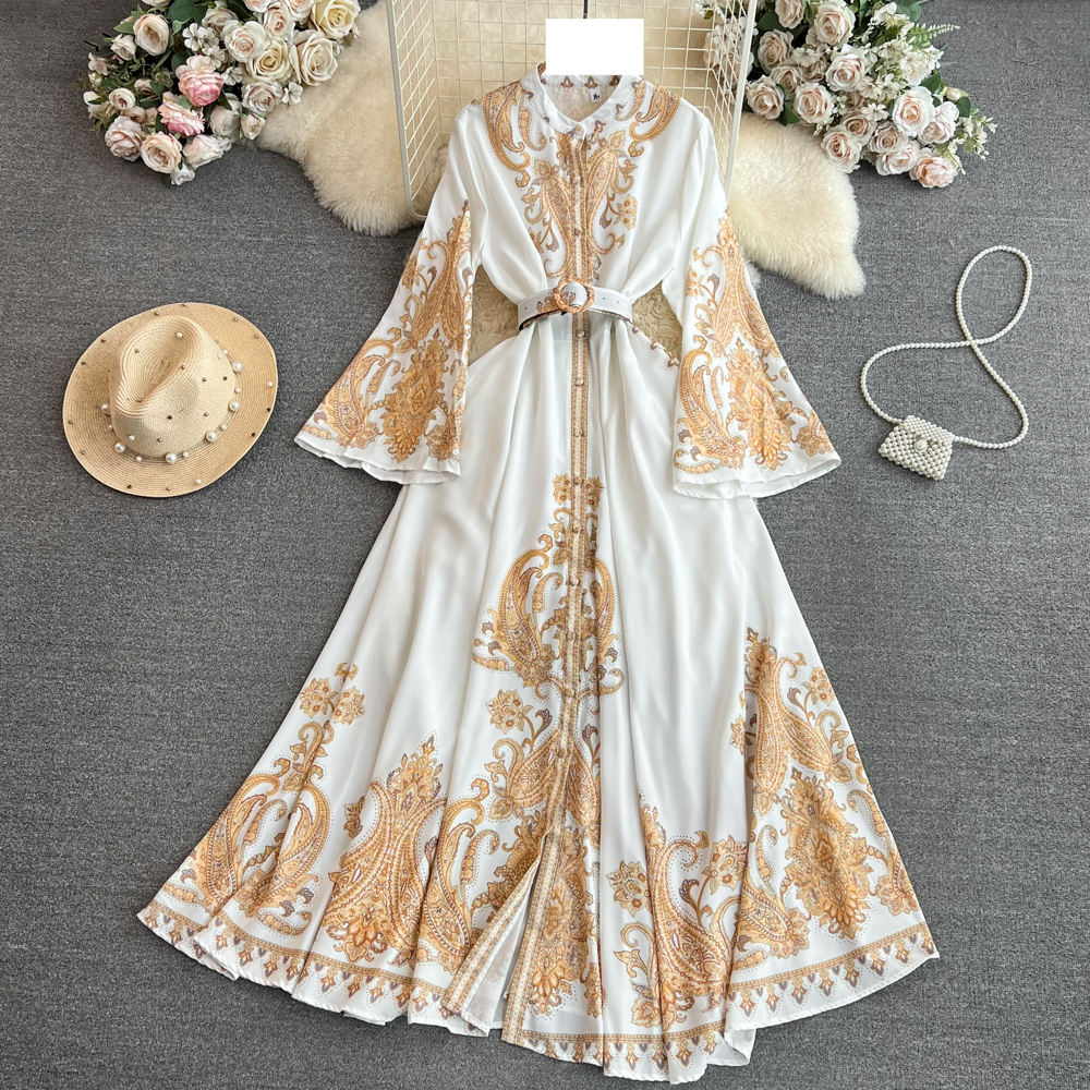 Women's clothing palace style temperament trumpet long sleeve lapel waist single breasted a-line positioning print dress dress for women