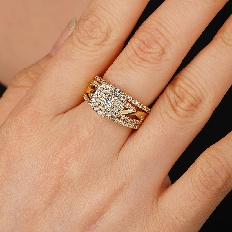 Damenschmuck-Set mit Zirkonia-Ringen aus vergoldetem oder weißvergoldetem Kupfer, geometrisches Design für Verlobung, Hochzeit oder den Alltag, Größen 5–10