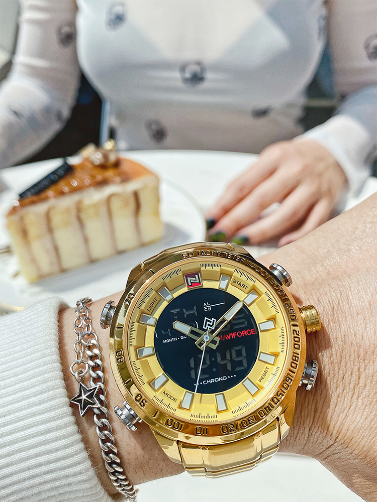 Fashion big dial hip hop big gold watch men's multi-functional double display waterproof luminous watch men's electronic watch