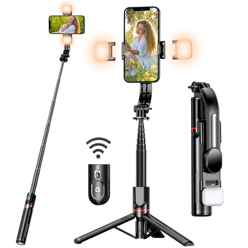 A selfie stick with upgraded tripod, with 2 fill lights, an ultra long 44.9-inch phone tripod, and a detachabl