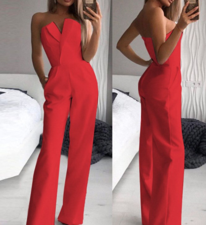 Women's Clothing Women's spring and summer solid color splicing slim fit one-piece sleeveless long-sleeved one-shoulder jumpsuit