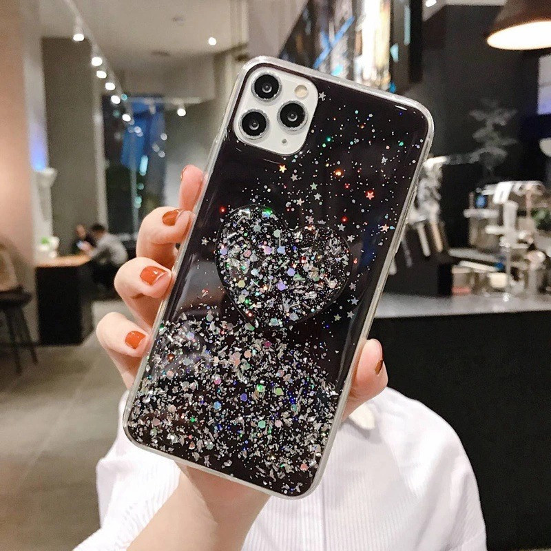 Glitter Stars Heart Fold Holder Phone Case For Huawei P40 lite P30Pro P20 P50 P Smart 2019 Y6P 9A Y9S Soft Silicone Stan