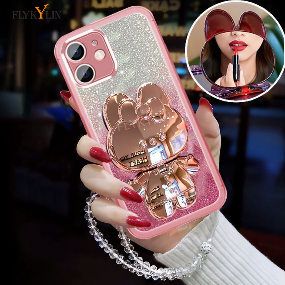 Glitter Rabbit Mirror Bracket Phone Case For OPPO A16 A17 A16S A5 A9 A53 2020 A53S A54S Reno 12 Pro 12F Pearl Chain Phone Case