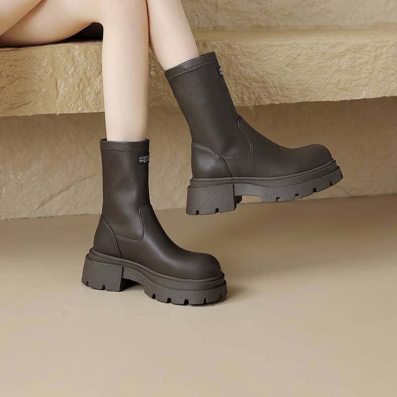 cameido Women's boots, thick-soled elastic leather boots, short tube boots, all-match sleeve boots for slimming