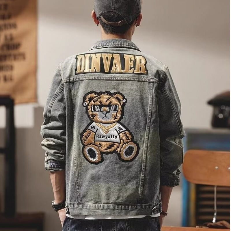 Men's Clothing high end light colored motorcycle denim jacket men's fashion brand old retro heavy duty bear jacket embroidered gown trend