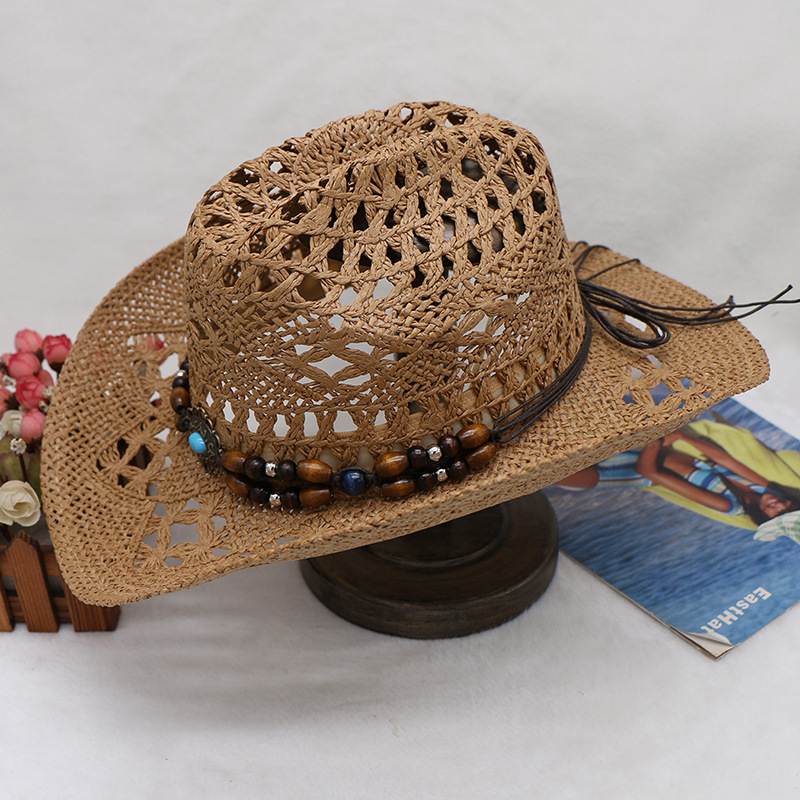 Hand-woven hollowed-out horseflower beach sunshade hats for men and women with cuffed cowboy hats