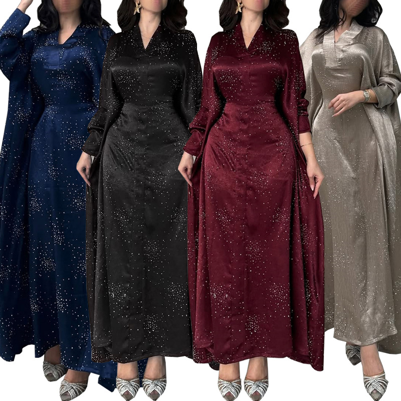 Women's Clothing New Muslim Solid Color Temperament Commuting Pullover Ribbon Lotus Leaf Sleeve Big Swing Dress