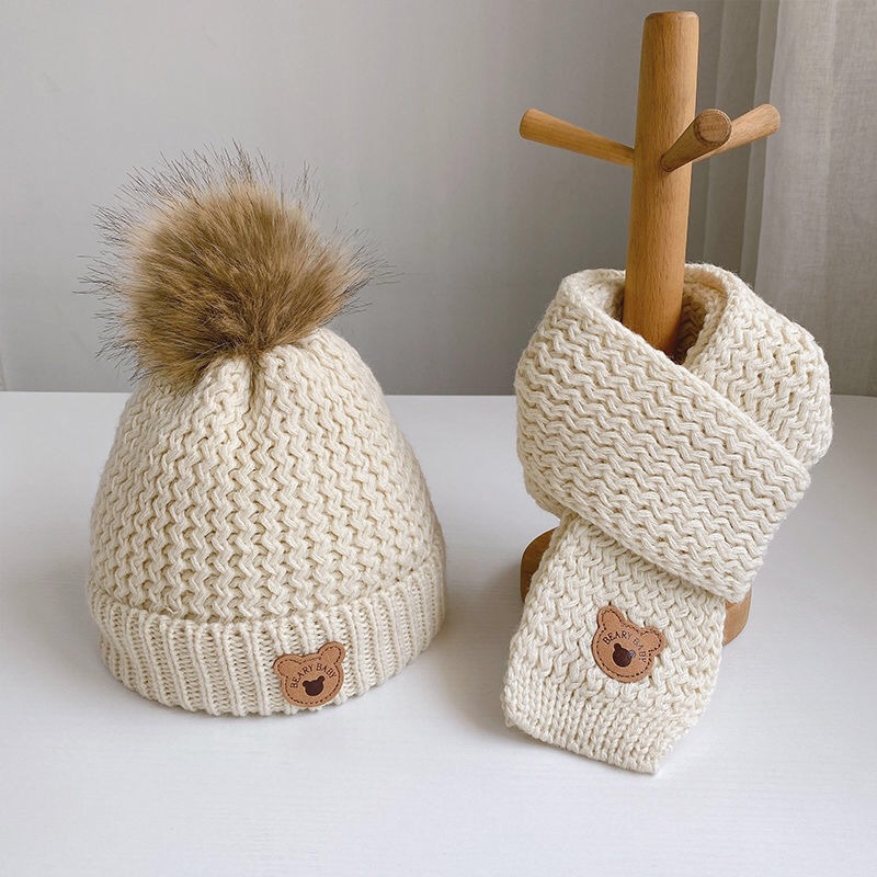 Autumn and winter children's hat scarf gloves three-piece set suit winter warm fleece-lined for boys and girls bear wool cap