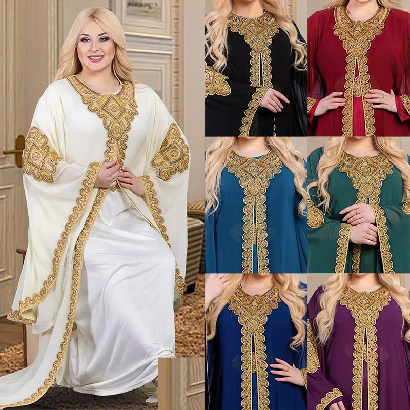 Women's jalabiya Muslim Middle Eastern Malay trumpet sleeve embroidered robe embroidered gold lace dress 8872
