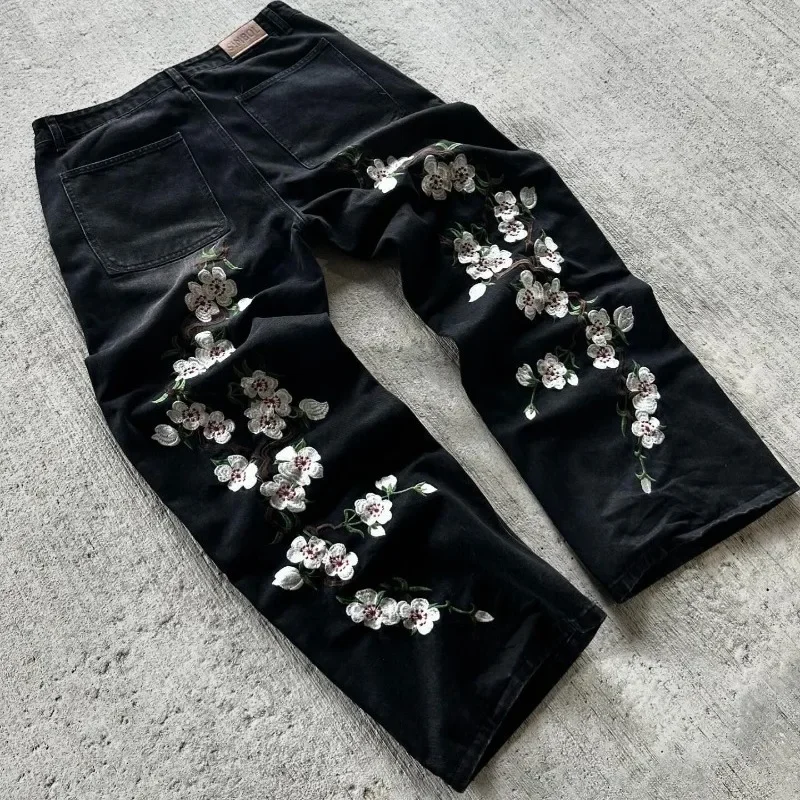 Y2K Baggy Jeans Harajuku Vintage Kirschblüte Stickerei Hochwertige Jeans Streetwear Hip Hop Gothic Männer Frauen Jeans Mit Weitem Bein