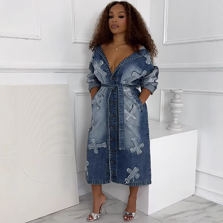 Women's Clothing denim jacket women's autumn and winter street fashion cross embroidered long windbreaker