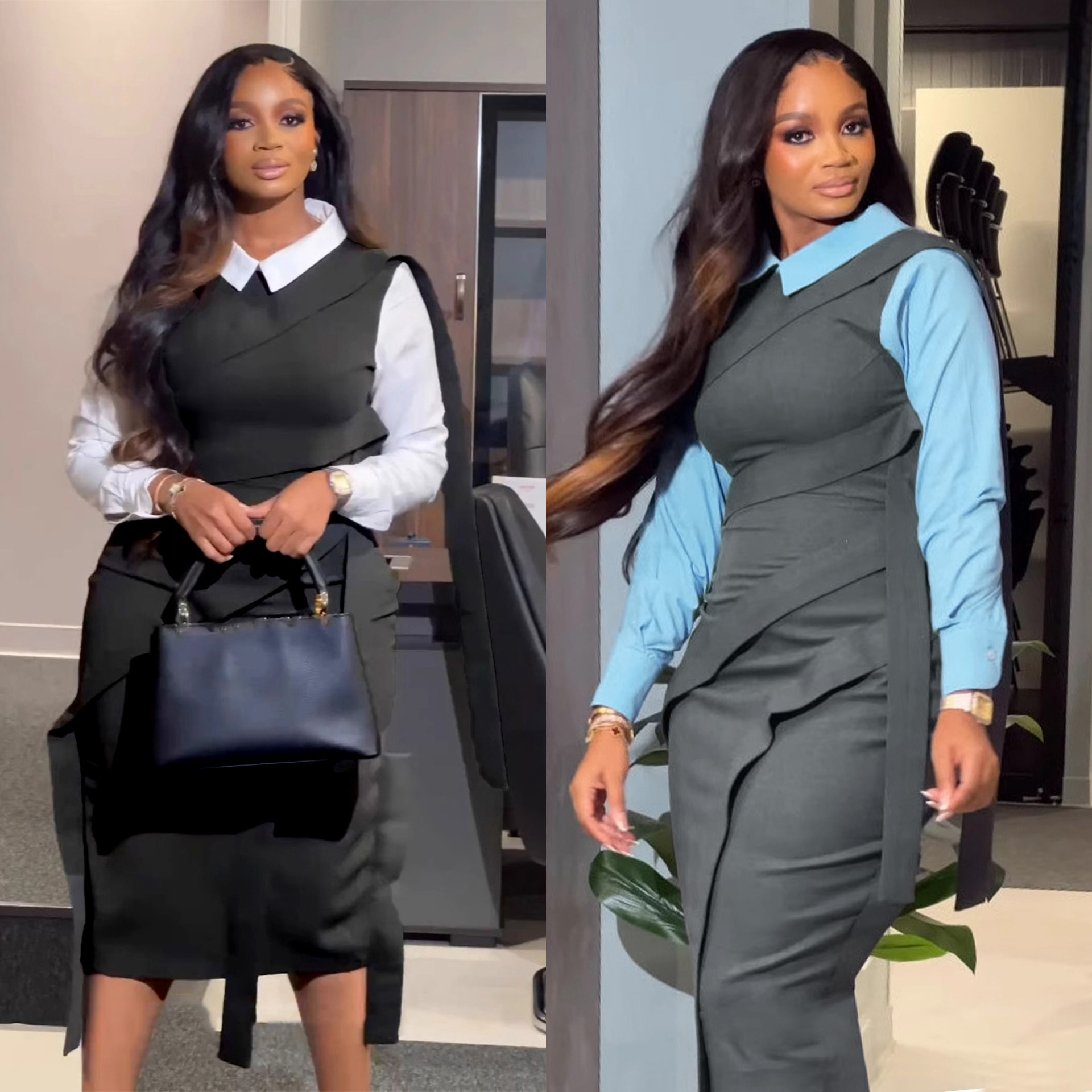 Women's Clothing S10928 stitching contrast color two piece ribbon slim back slit dress