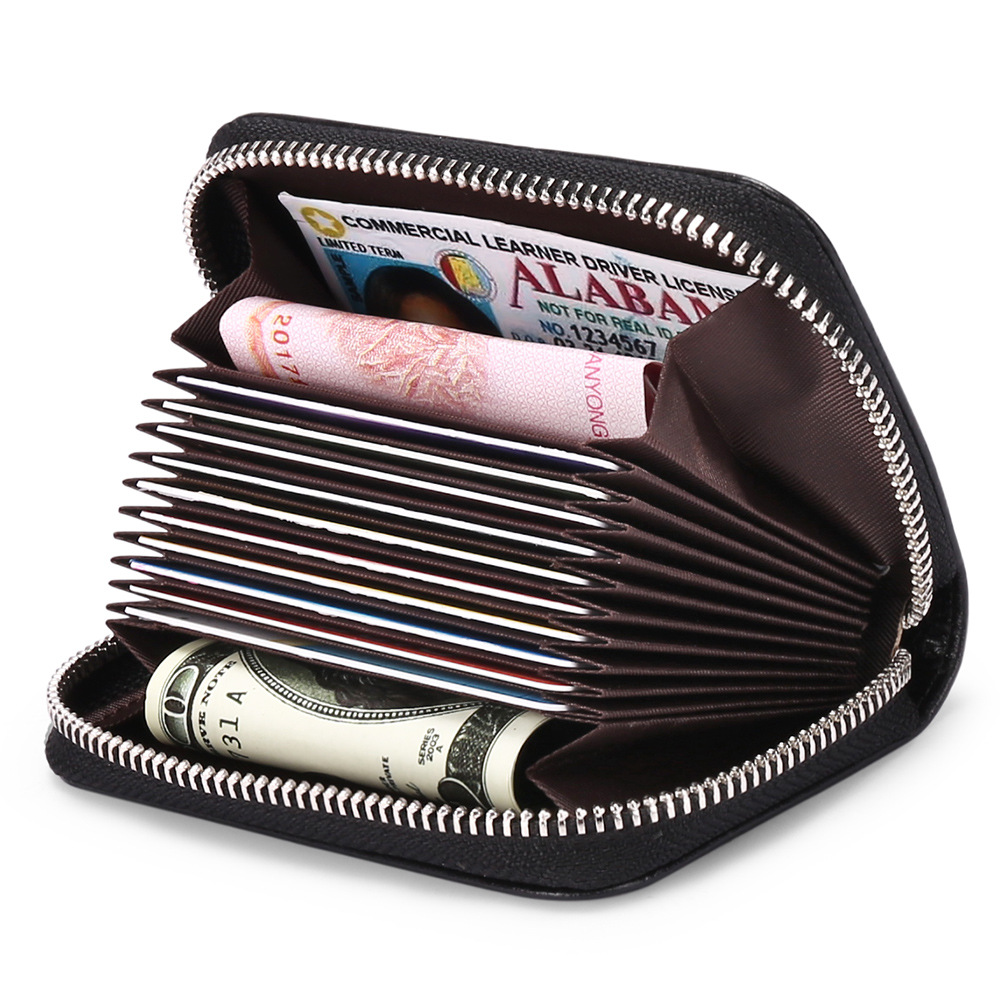 New First Layer Cowhide Zipper Business Card Credit Card Cover Organ RFID Anti-theft Brush Coin Purse